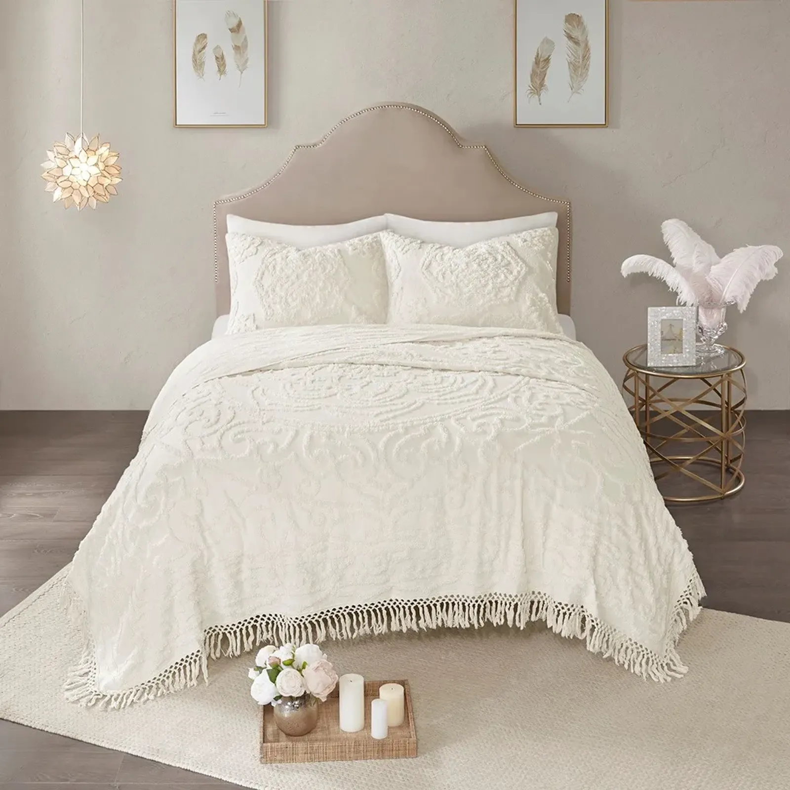 Olliix by Madison Park Ivory King/California King Laetitia Tufted Cotton Chenille Medallion Fringe Coverlet Set