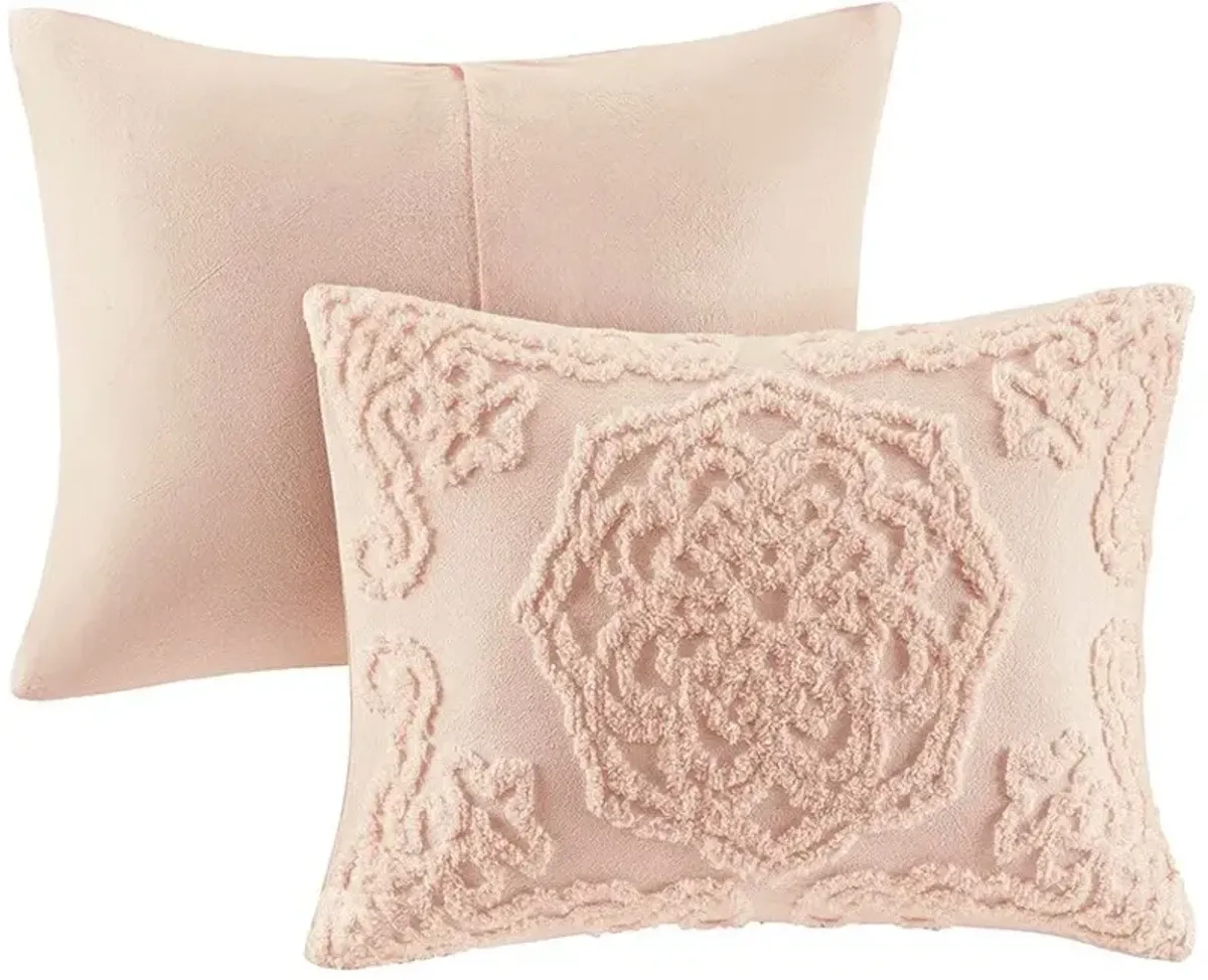 Olliix by Madison Park Blush Full/Queen Laetitia Tufted Cotton Chenille Medallion Fringe Coverlet Set