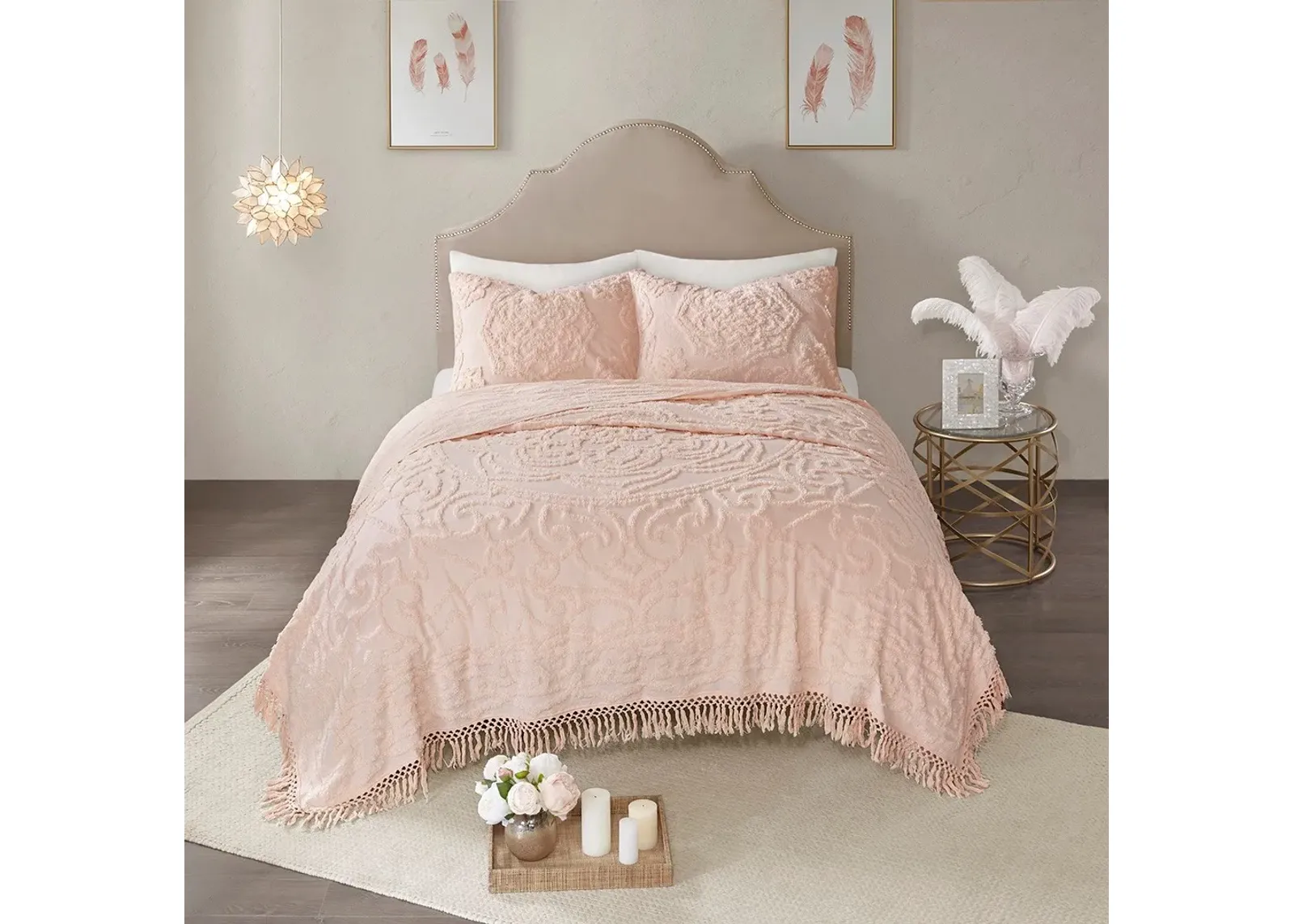 Olliix by Madison Park Blush Full/Queen Laetitia Tufted Cotton Chenille Medallion Fringe Coverlet Set