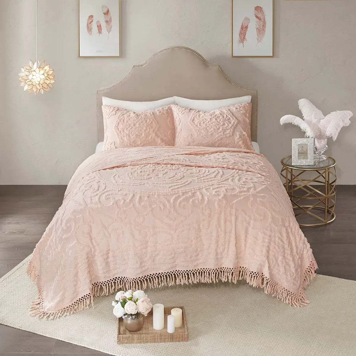 Olliix by Madison Park Blush Full/Queen Laetitia Tufted Cotton Chenille Medallion Fringe Coverlet Set