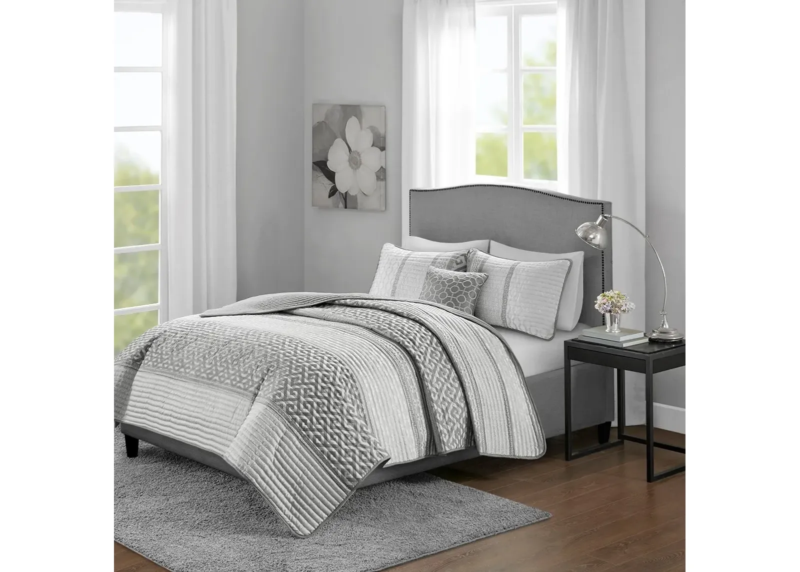 Olliix by Madison Park 4 Piece Grey Full/Queen Bennett Reversible Jacquard Coverlet Set