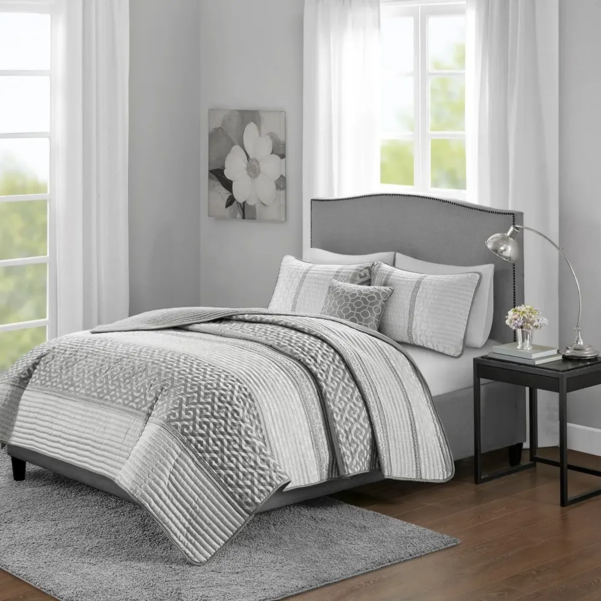 Olliix by Madison Park 4 Piece Grey Full/Queen Bennett Reversible Jacquard Coverlet Set