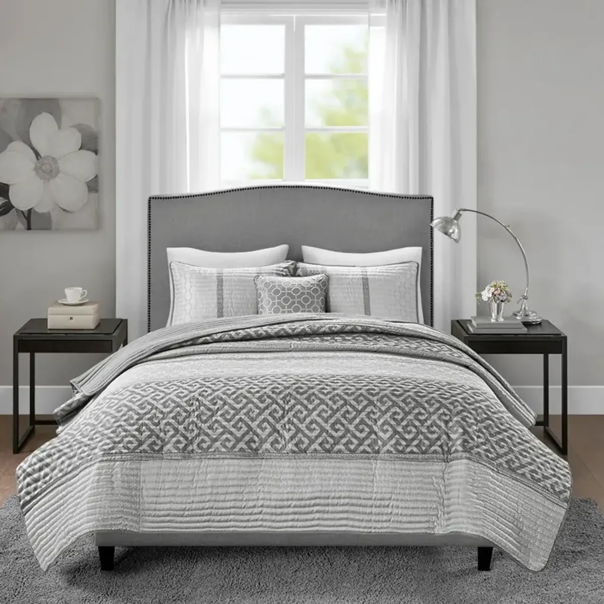 Olliix by Madison Park 4 Piece Grey King/California King Bennett Reversible Jacquard Coverlet Set