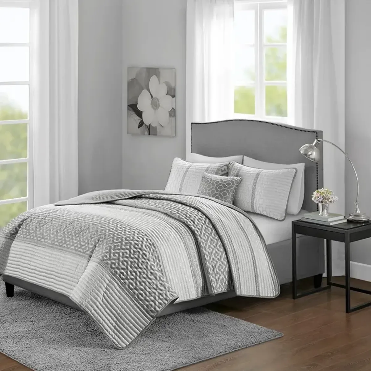 Olliix by Madison Park 4 Piece Grey King/California King Bennett Reversible Jacquard Coverlet Set