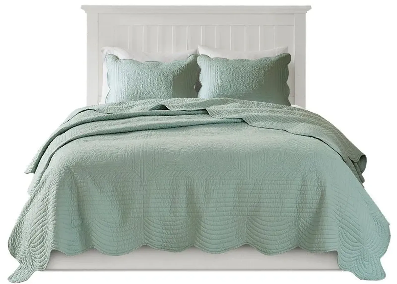 Olliix by Madison Park 3 Piece Seafoam Full/Queen Tuscany Reversible Scalloped Edge Coverlet Set