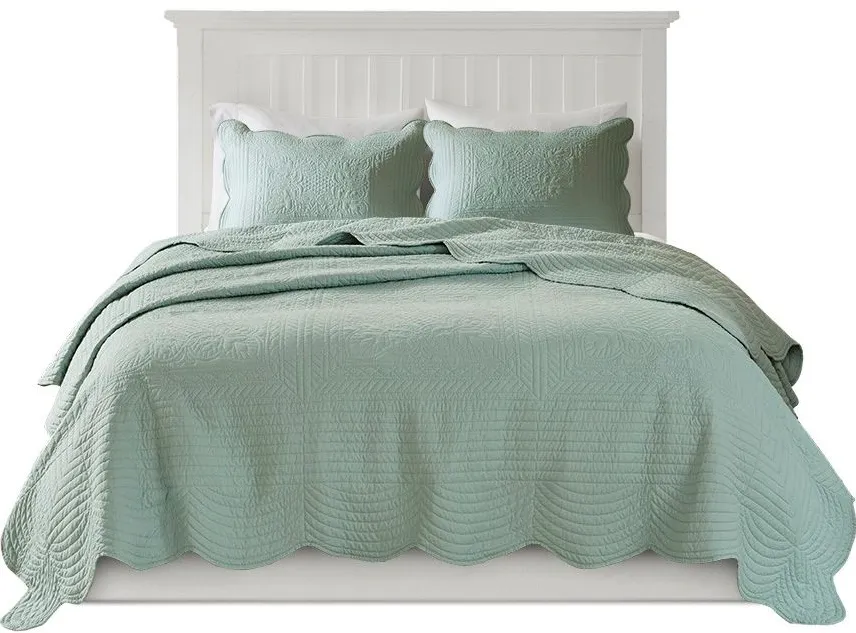 Olliix by Madison Park 3 Piece Seafoam Full/Queen Tuscany Reversible Scalloped Edge Coverlet Set