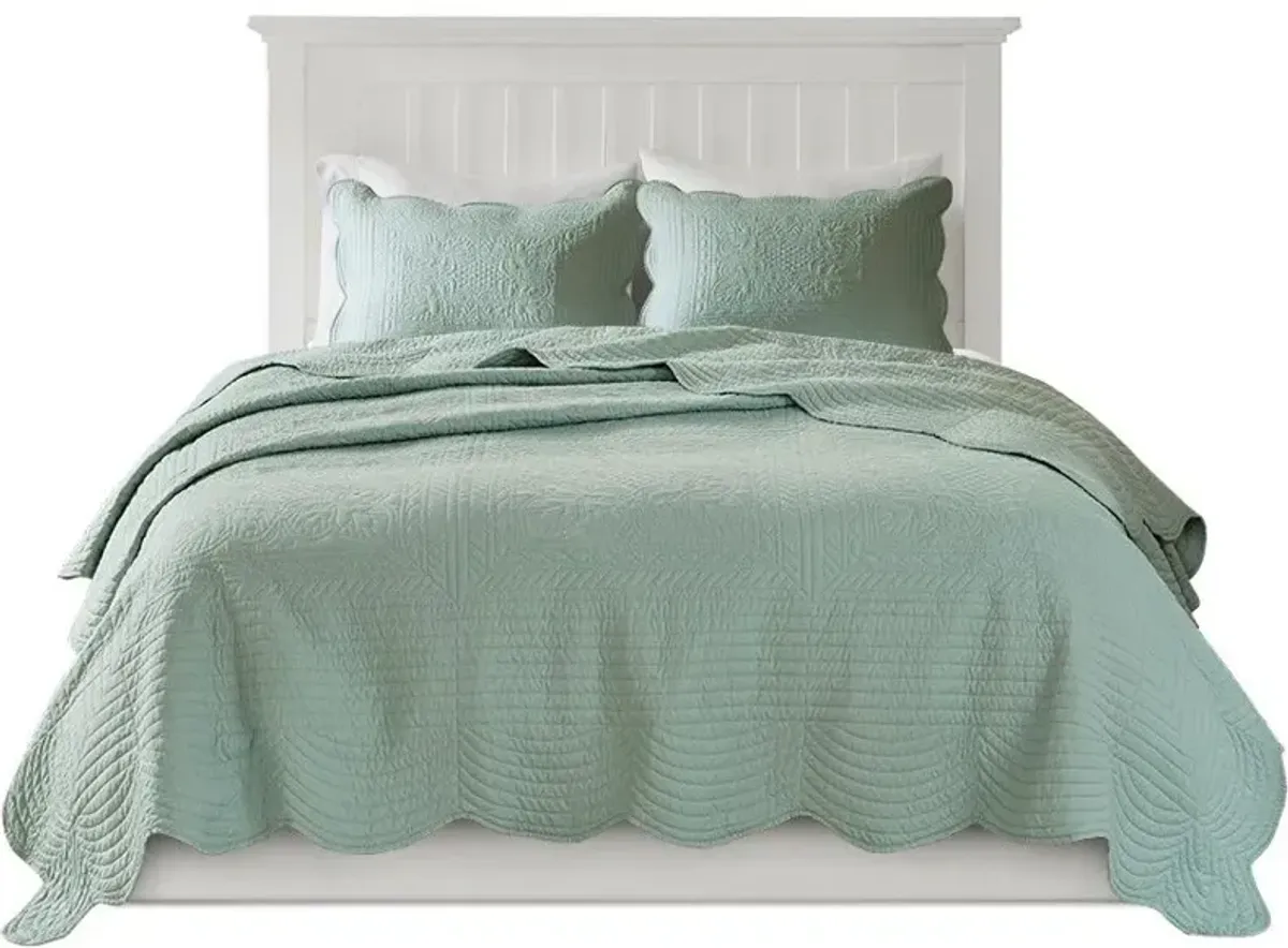 Olliix by Madison Park 3 Piece Seafoam King/California King Tuscany Reversible Scalloped Edge Coverlet Set