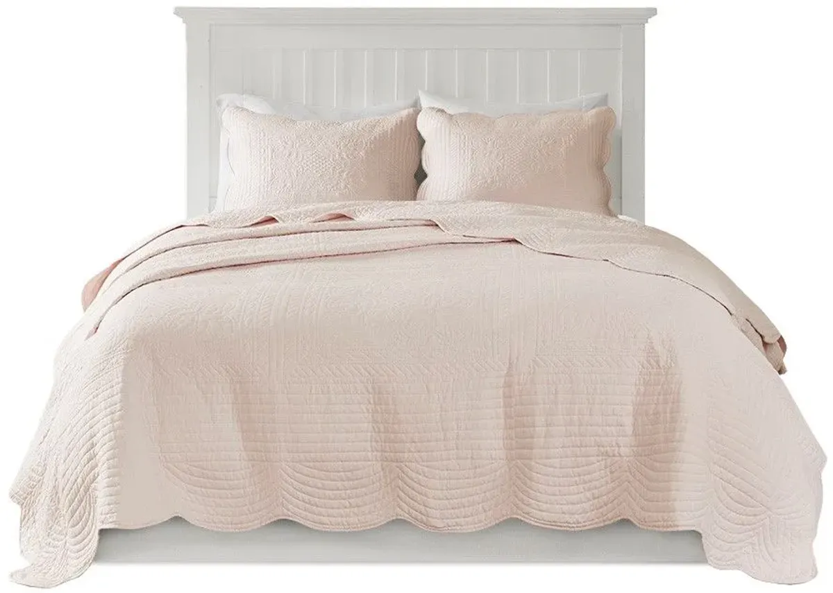 Olliix by Madison Park 3 Piece Blush Full/Queen Tuscany Reversible Scalloped Edge Coverlet Set