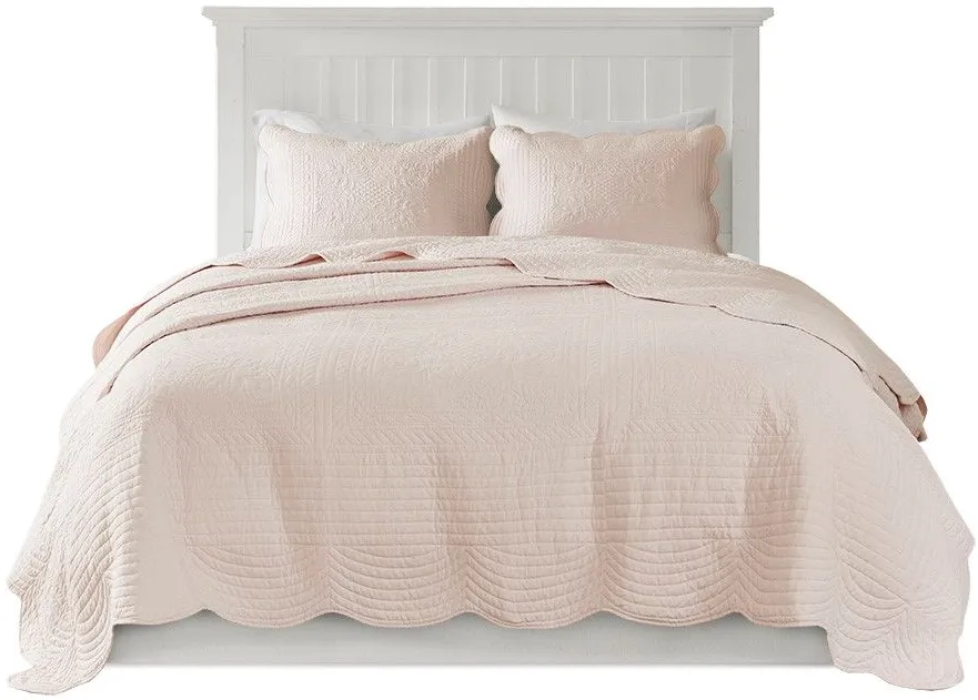 Olliix by Madison Park 3 Piece Blush Full/Queen Tuscany Reversible Scalloped Edge Coverlet Set