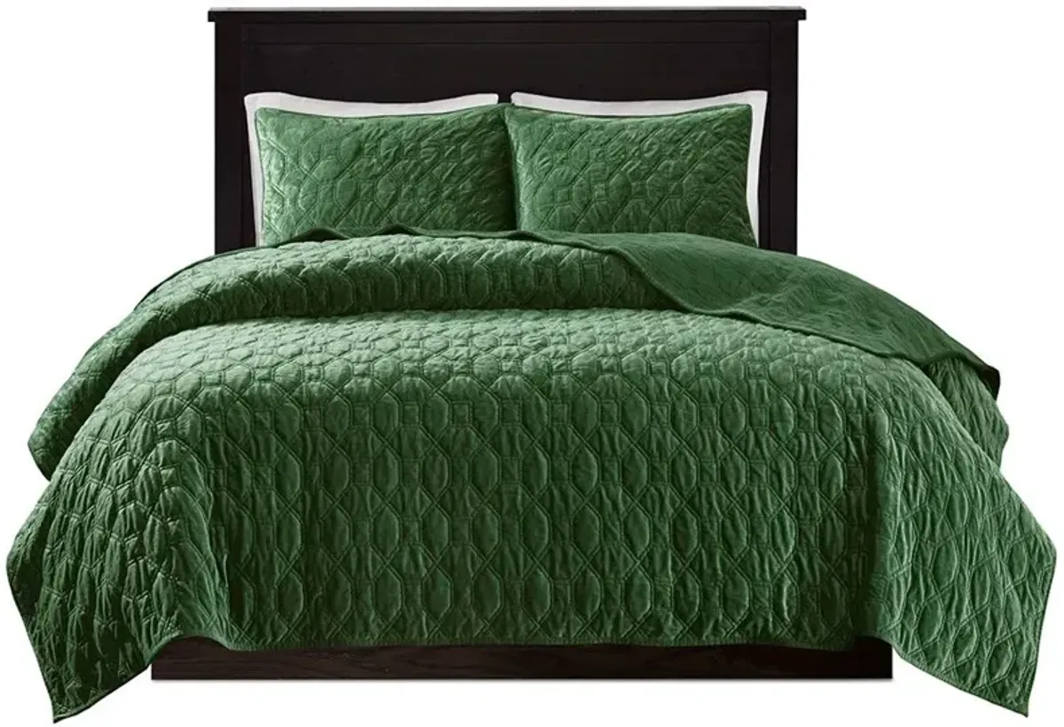 Olliix by Madison Park 3 Piece Green Full/Queen Harper Faux Velvet Reversible Coverlet Set