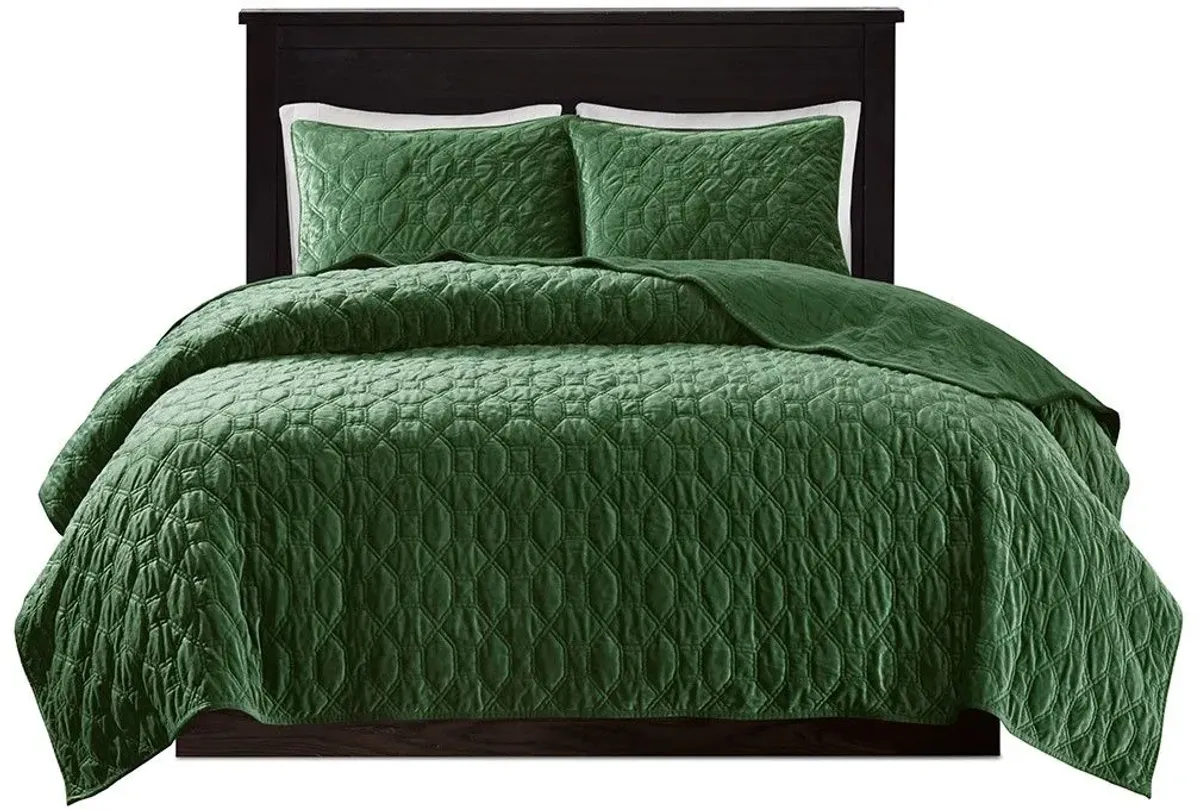 Olliix by Madison Park 3 Piece Green Full/Queen Harper Faux Velvet Reversible Coverlet Set