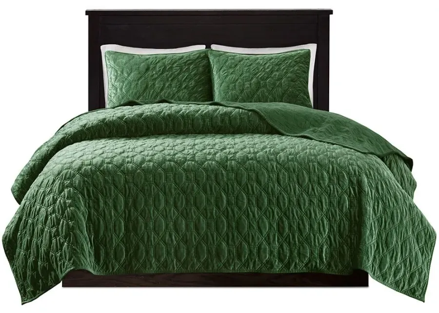 Olliix by Madison Park 3 Piece Green King/California King Harper Faux Velvet Reversible Coverlet Set