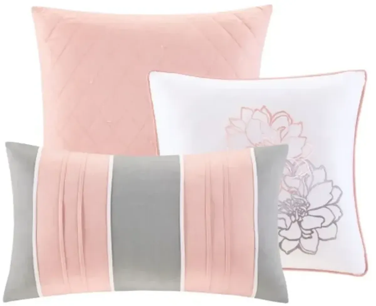 Olliix by Madison Park Lola 6 Piece Grey and Blush Full/Queen Reversible Cotton Printed Coverlet Set