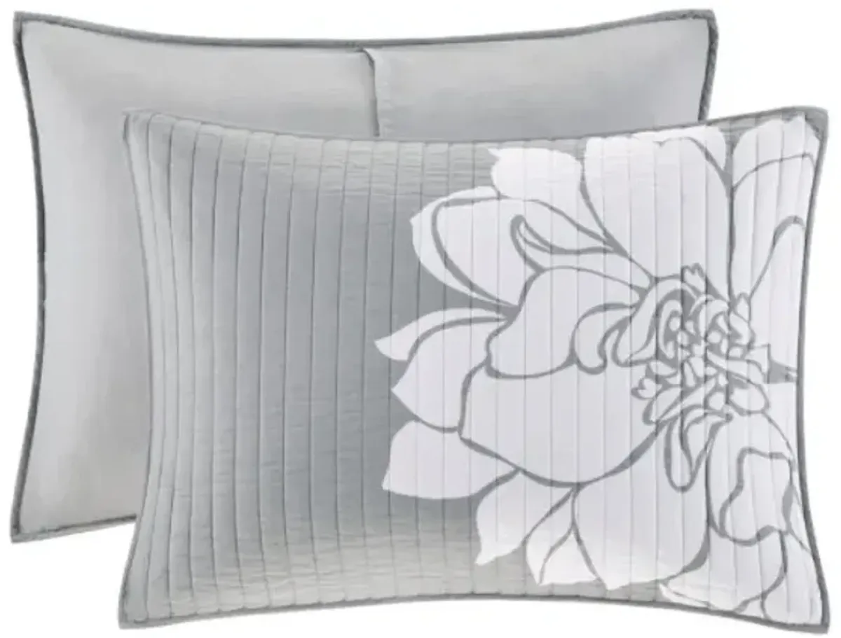 Olliix by Madison Park Lola 6 Piece Grey and Blush Full/Queen Reversible Cotton Printed Coverlet Set