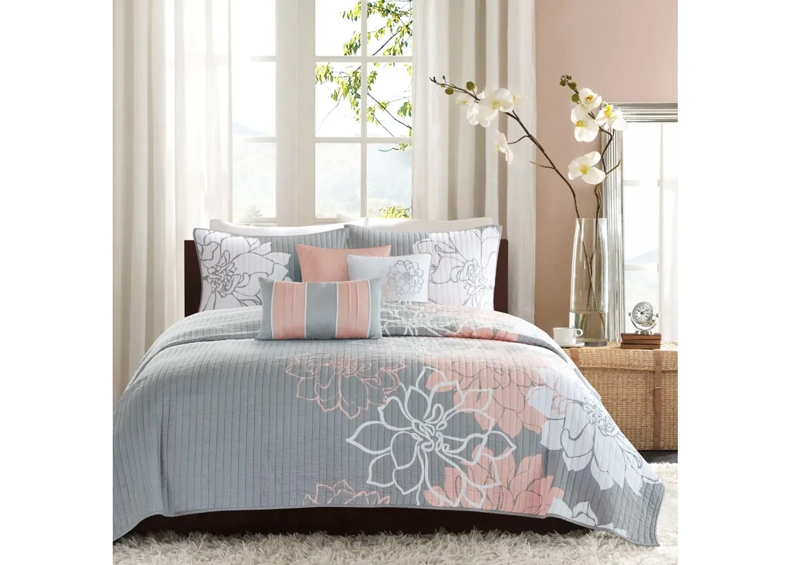 Olliix by Madison Park Lola 6 Piece Grey and Blush Full/Queen Reversible Cotton Printed Coverlet Set