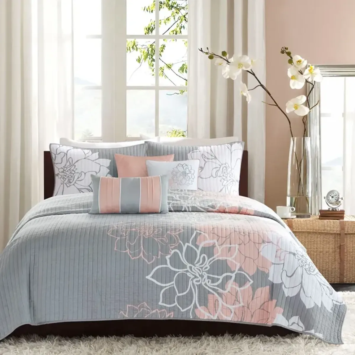 Olliix by Madison Park Lola 6 Piece Grey and Blush Full/Queen Reversible Cotton Printed Coverlet Set