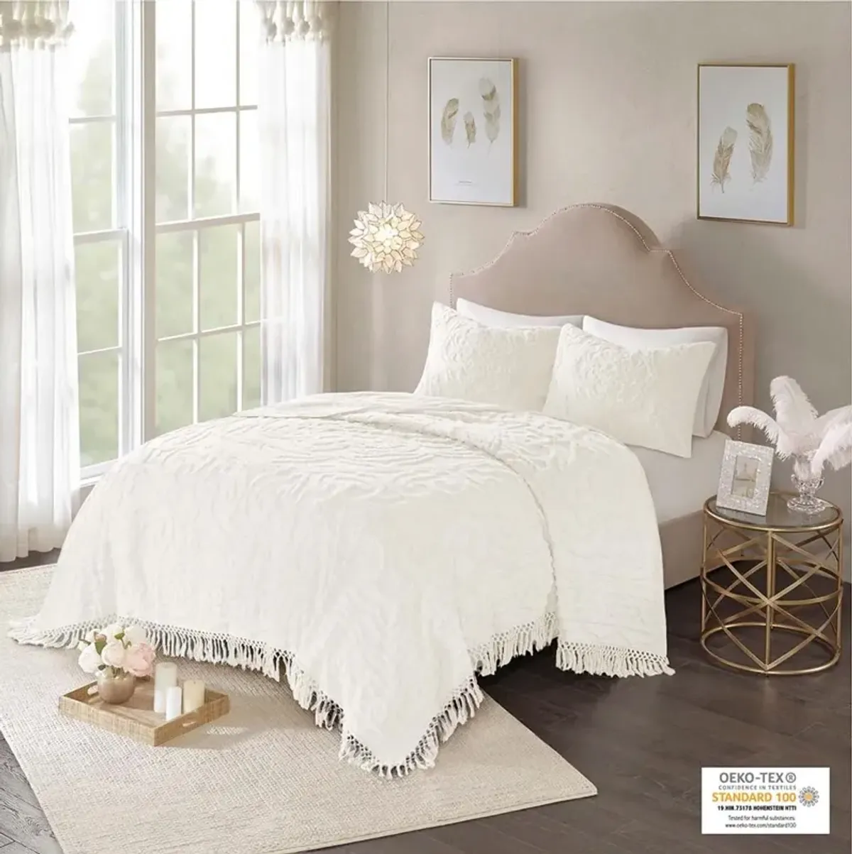 Olliix by Madison Park Ivory Twin/Twin XL Laetitia Tufted Cotton Chenille Medallion Fringe Coverlet Set