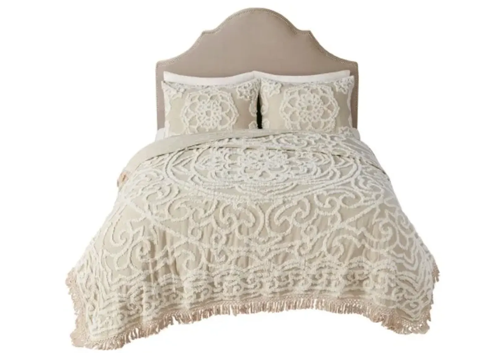 Olliix by Madison Park Laetitia Taupe Full/Queen Tufted Cotton Chenille Medallion Fringe Coverlet Mini Set