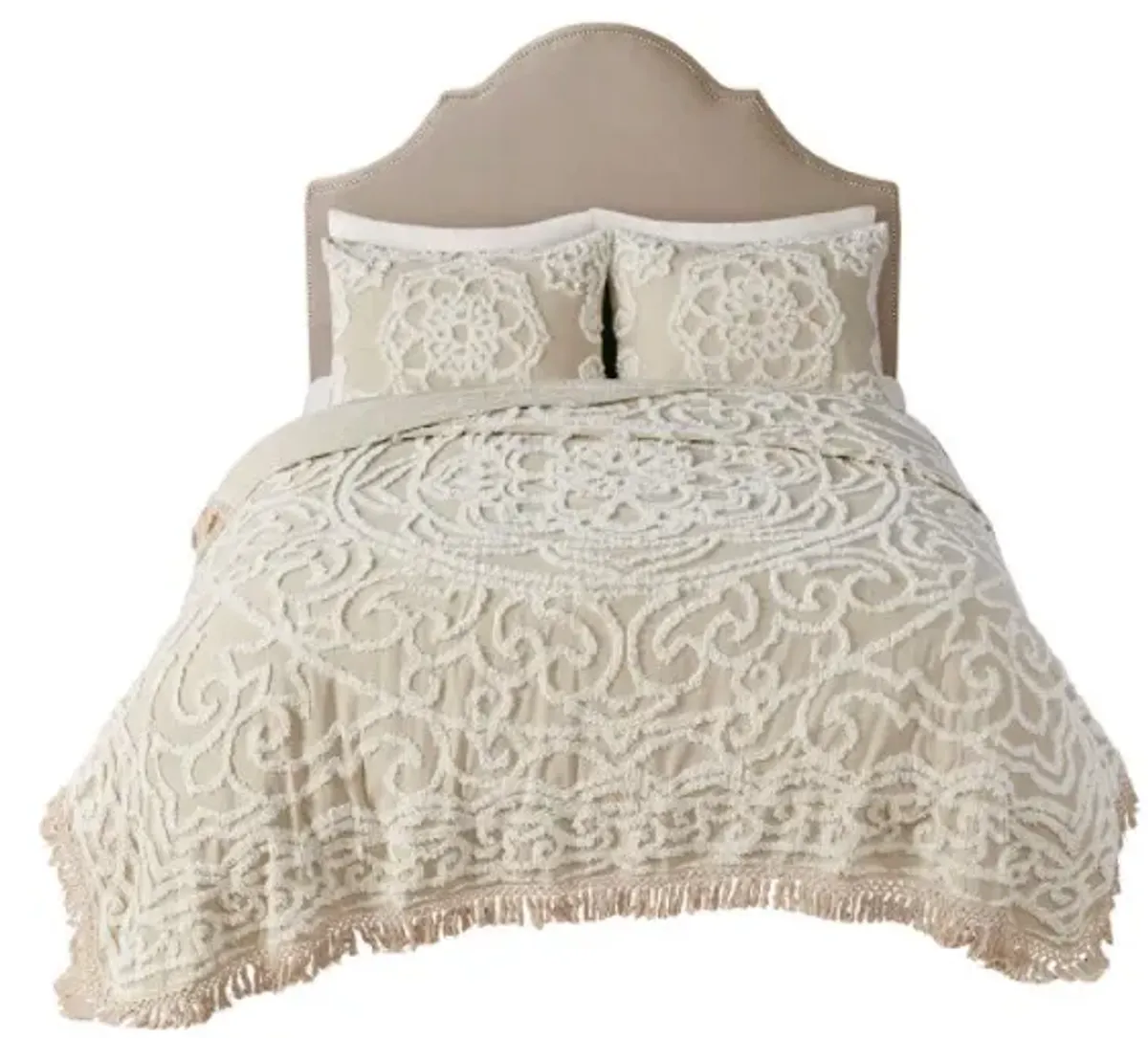 Olliix by Madison Park Laetitia Taupe Full/Queen Tufted Cotton Chenille Medallion Fringe Coverlet Mini Set