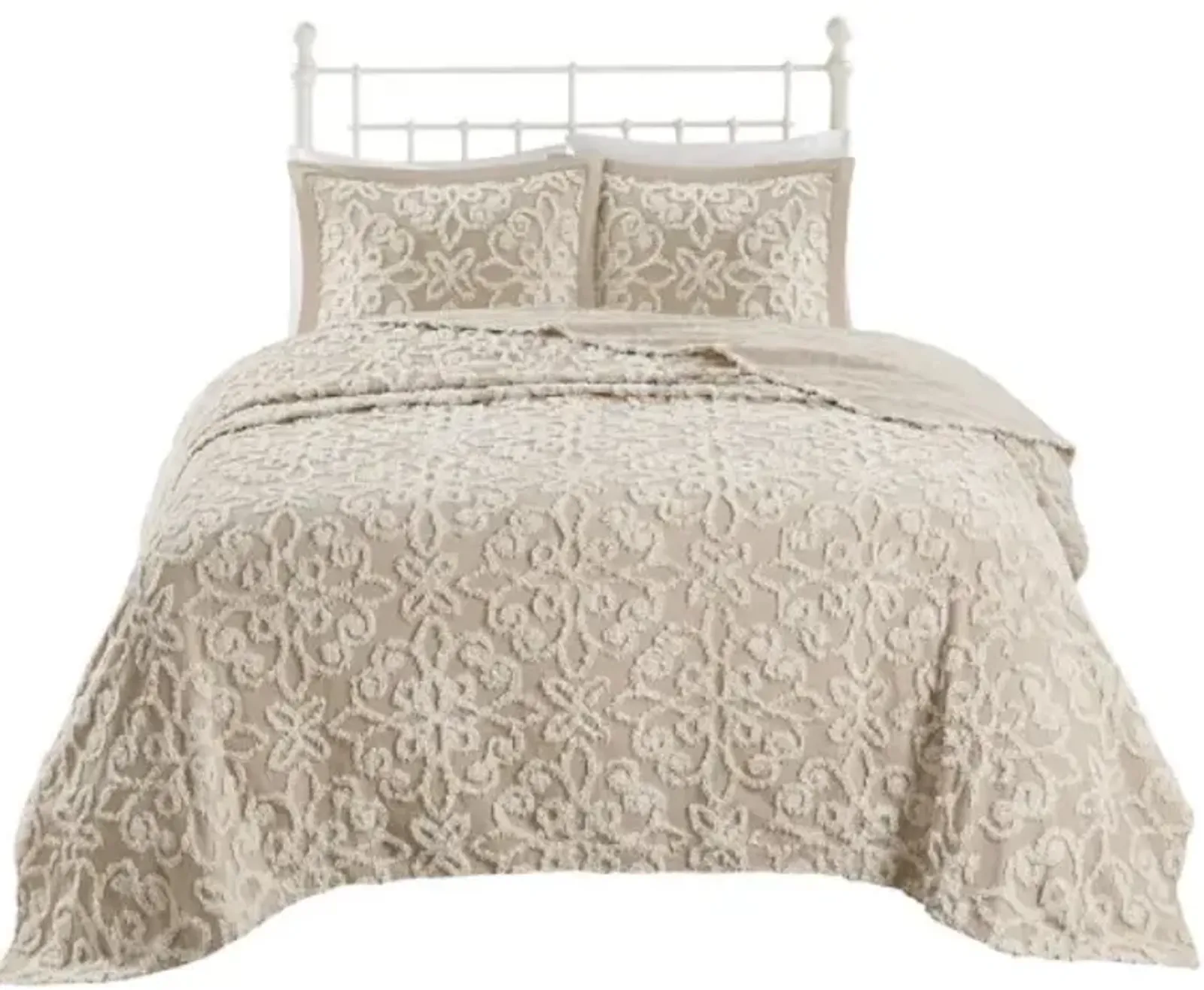 Olliix by Madison Park Sabrina 3 Piece Taupe Full/Queen Tufted Cotton Chenille Bedspread Set