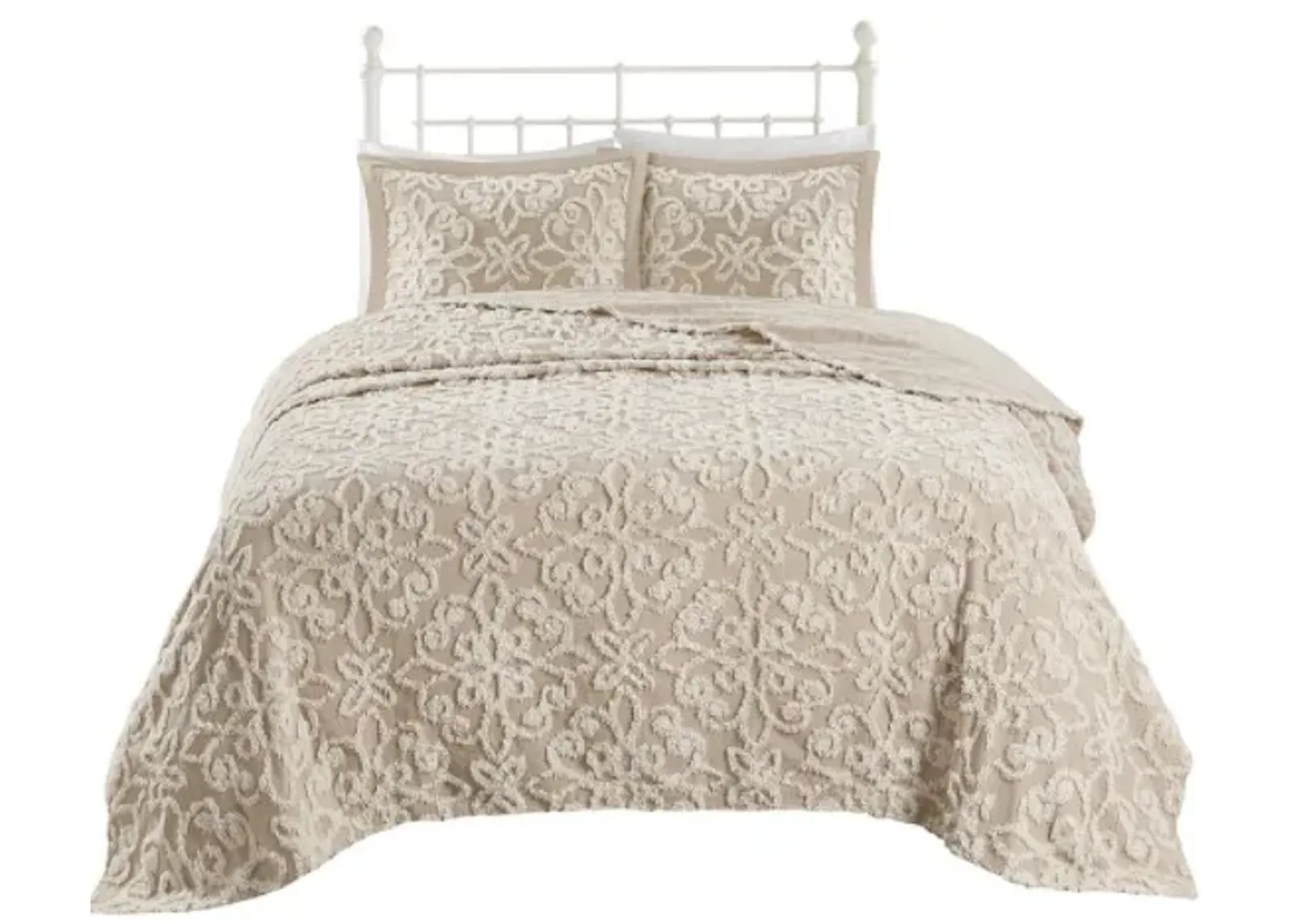 Olliix by Madison Park Sabrina 3 Piece Taupe Full/Queen Tufted Cotton Chenille Bedspread Set