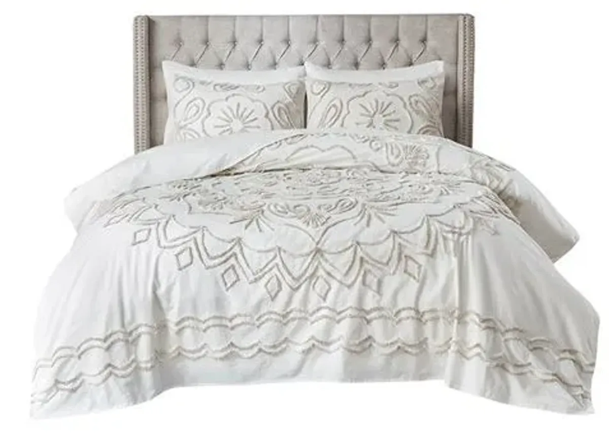 Olliix by Madison Park Violette 3 Piece Ivory/Taupe Full/Queen Tufted Cotton Chenille Coverlet Set