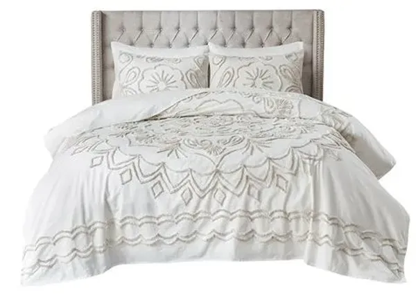 Olliix by Madison Park Violette 3 Piece Ivory and Taupe Full/Queen Tufted Cotton Chenille Coverlet Set