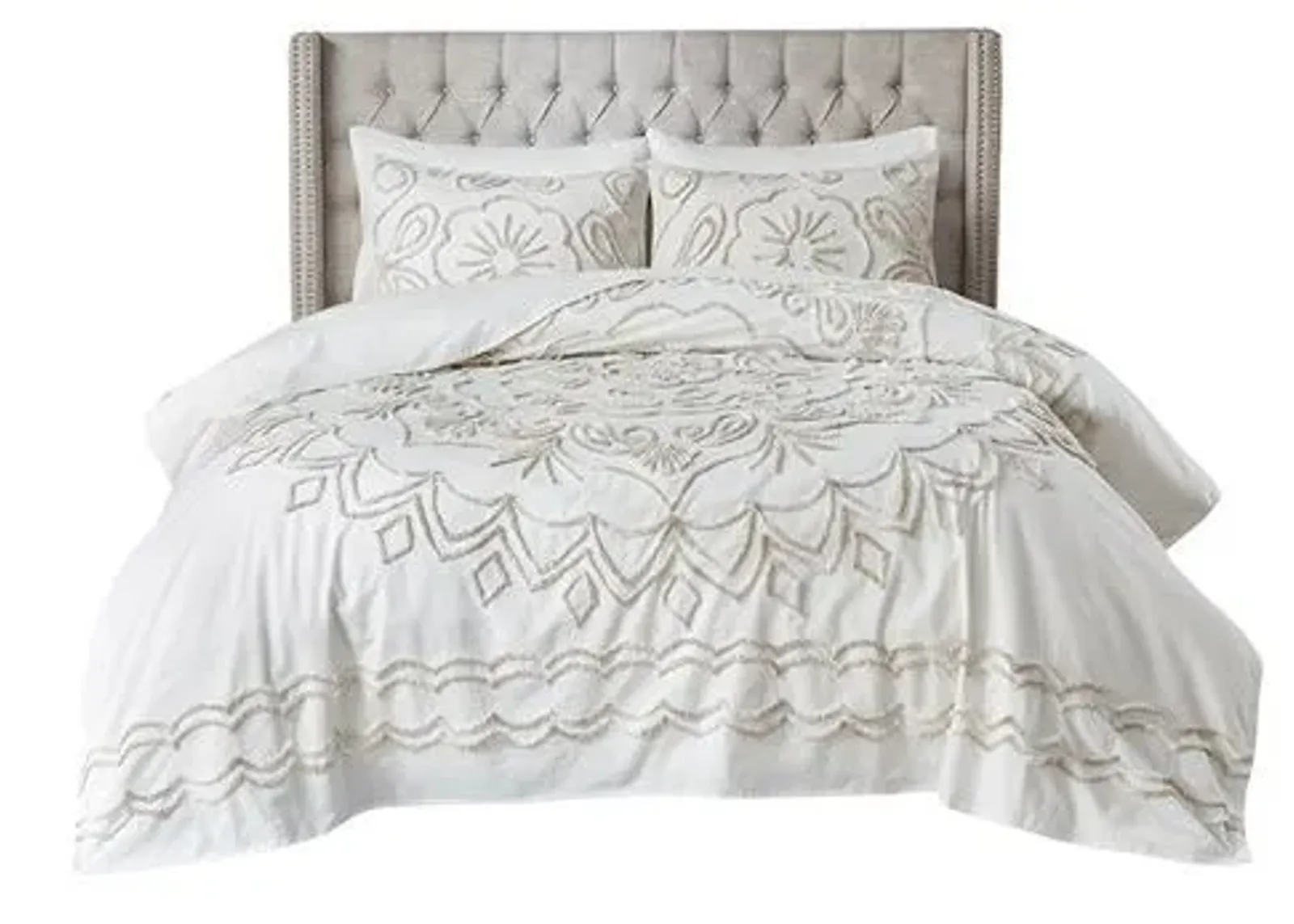 Olliix by Madison Park Violette 3 Piece Ivory/Taupe King/California King Tufted Cotton Chenille Coverlet Set