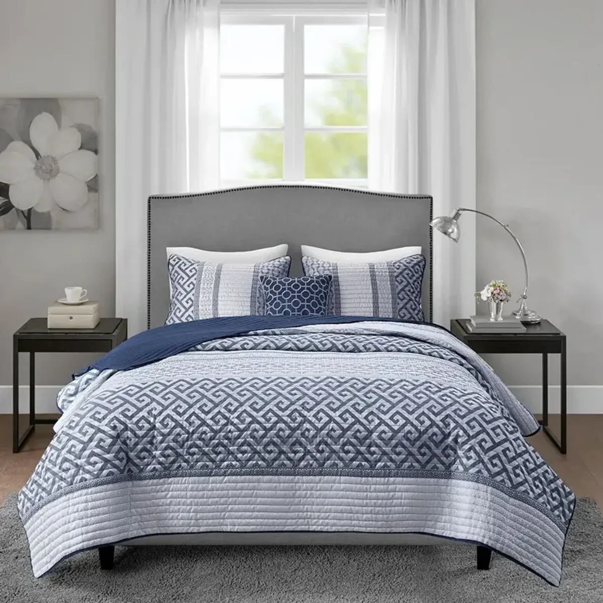 Olliix by Madison Park Bennett 4 Piece Reversible Jacquard Navy Full/Queen Coverlet Set