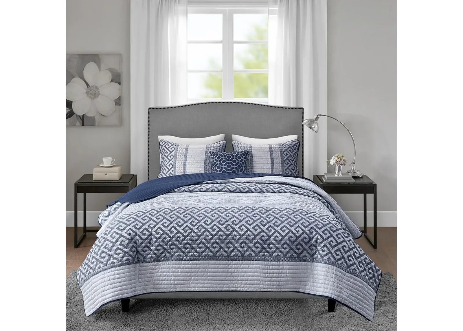 Olliix by Madison Park Bennett 4 Piece Reversible Jacquard Navy Full/Queen Coverlet Set