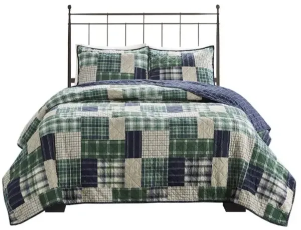Olliix by Madison Park Timber 3 Piece Green and Navy Full/Queen Reversible Printed Coverlet Set