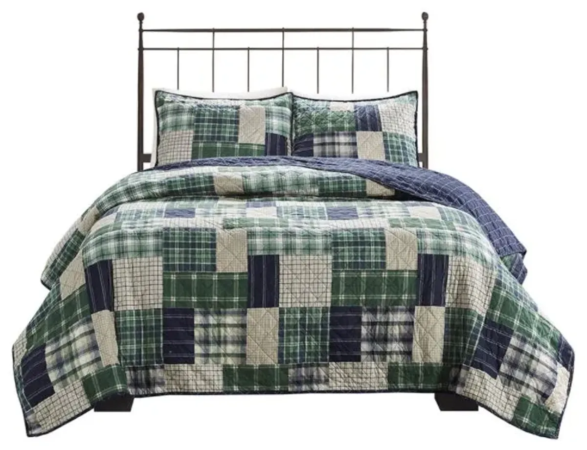 Olliix by Madison Park Timber Green/Navy Full/Queen Three Piece Reversible Printed Coverlet Set