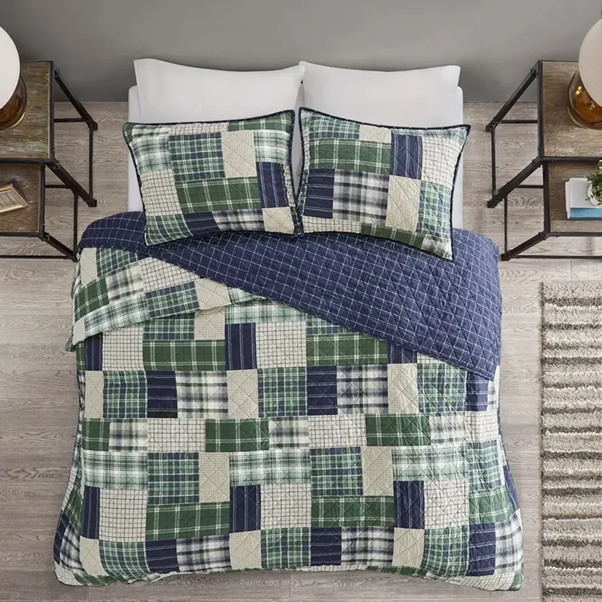 Olliix by Madison Park Timber 3 Piece Green and Navy King/California King Reversible Printed Coverlet Set