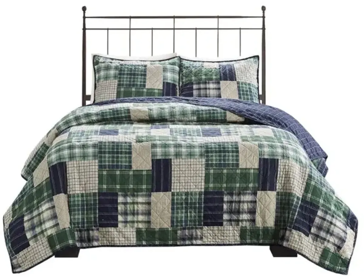 Olliix by Madison Park Timber 3 Piece Green and Navy King/California King Reversible Printed Coverlet Set