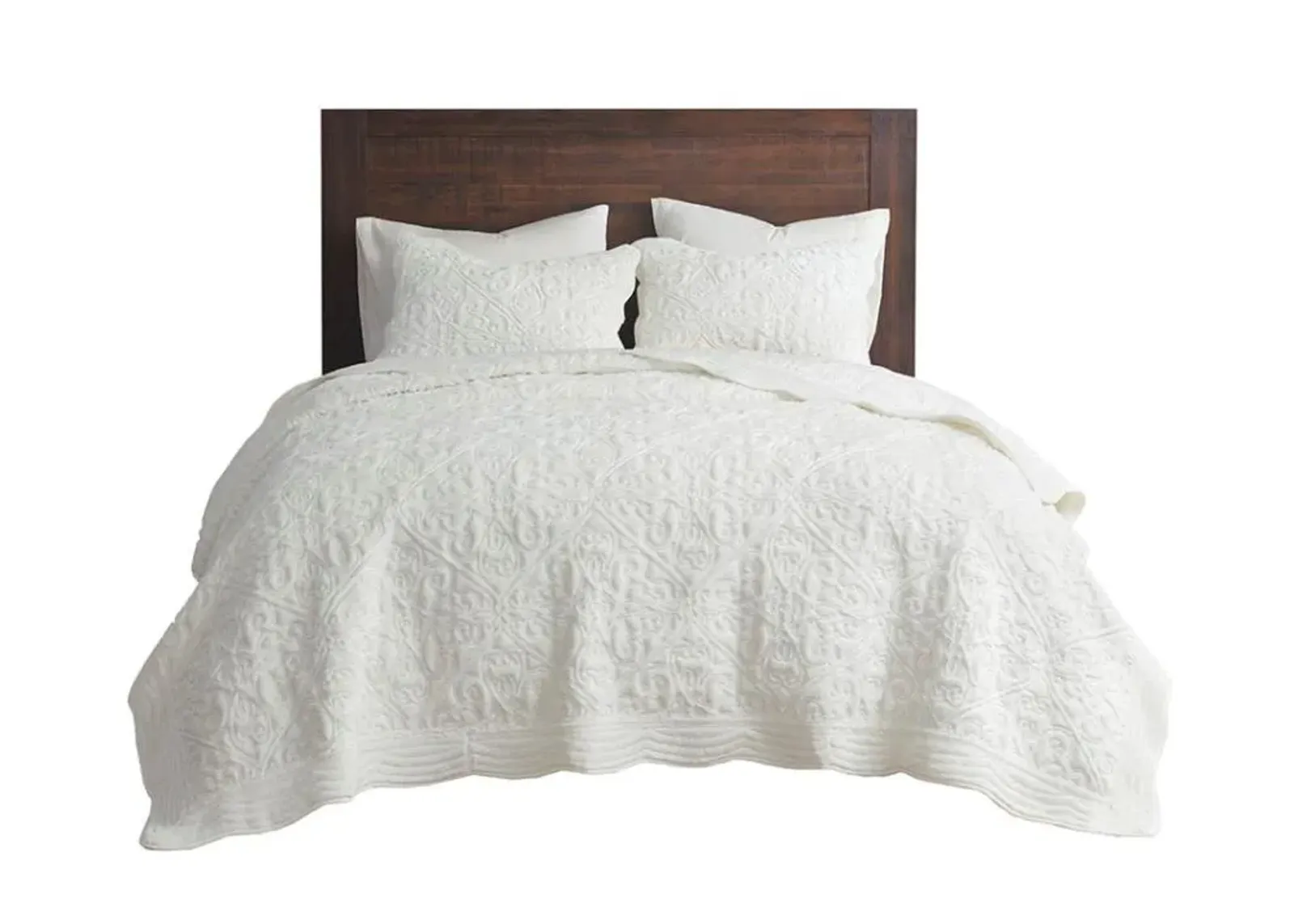 Olliix by Madison Park Aster 3 Piece Ivory Full/Queen Embroidered Faux Fur Coverlet Set