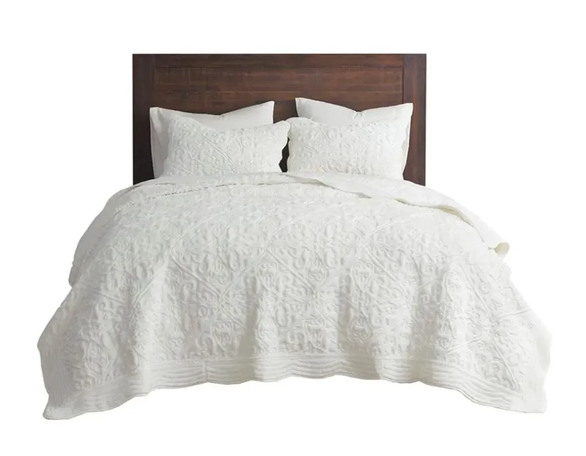 Olliix by Madison Park Aster 3 Piece Ivory Full/Queen Embroidered Faux Fur Coverlet Set