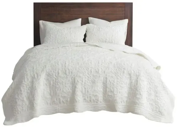 Olliix by Madison Park Aster 3 Piece Ivory Full/Queen Embroidered Faux Fur Coverlet Set