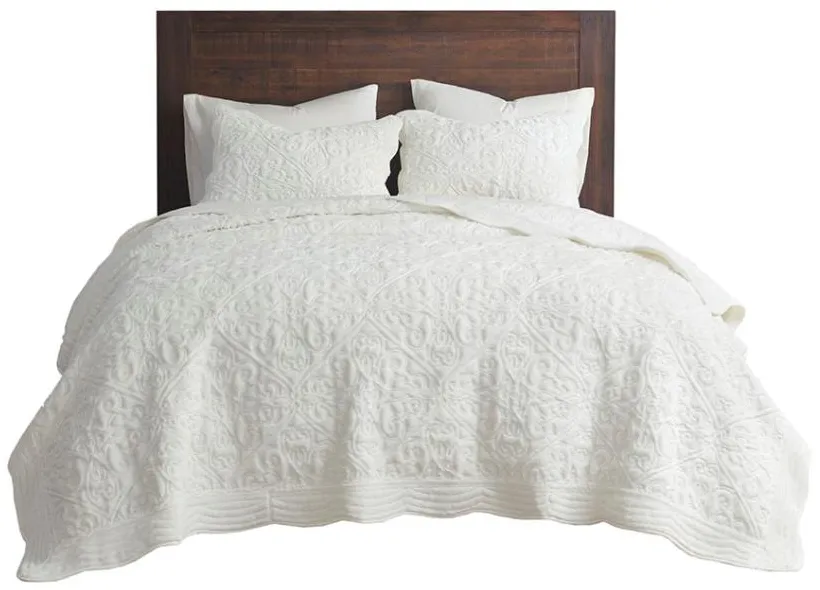 Olliix by Madison Park Aster 3 Piece Ivory King/California King Embroidered Faux Fur Coverlet Set