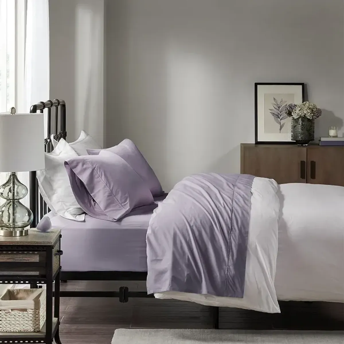 Olliix by Madison Park Purple Twin Peached Percale Cotton Sheet Set