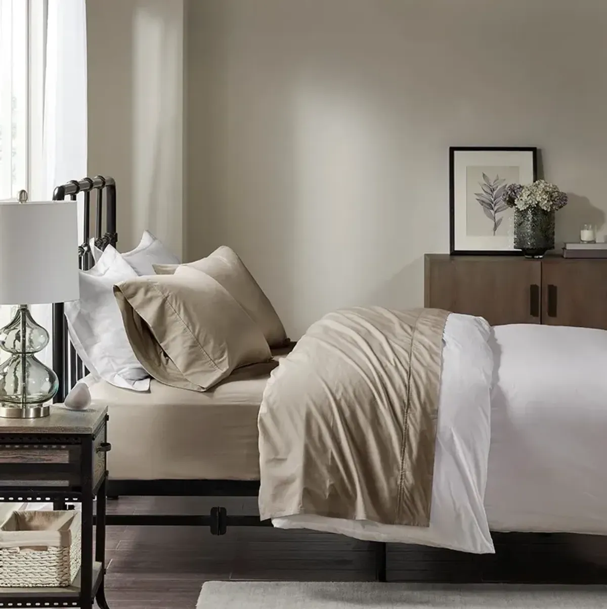 Olliix by Madison Park Khaki Full Peached Percale Cotton Sheet Set
