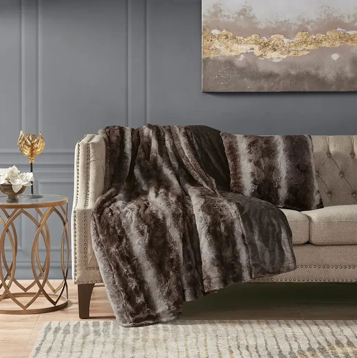 Olliix by Madison Park Zuri Brown 20x20" Polyester Faux Tip Dyed Brushed Long Fur Pillow w/ Knife Edge