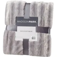 Olliix by Madison Park Duke Grey 50x60" Polyester Solid Stripe Plaited Brushed Long Fur Knitted Throw