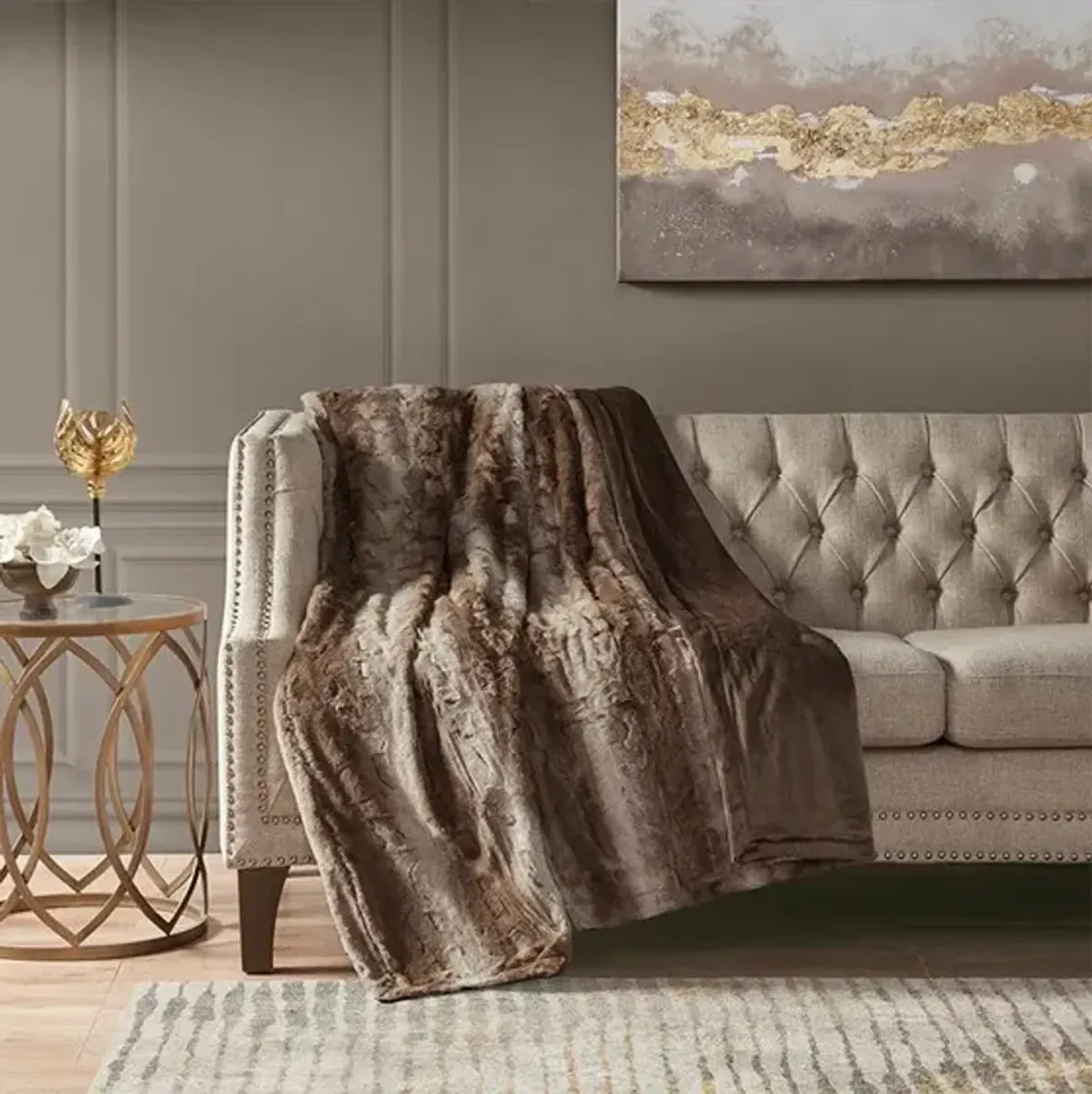 Olliix by Madison Park Zuri Tan 60x70" Polyester Faux Tip Dyed Brushed Long Fur Throw