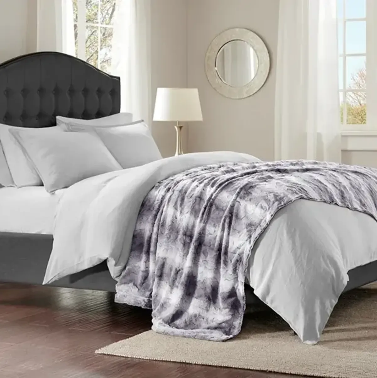 Olliix by Madison Park Zuri Grey 96x80" Polyester Faux Tip Dyed Brushed Fur Oversized Bed Throw