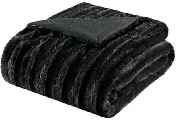Olliix by Madison Park Duke Black 50x60" Polyester Solid Stripe Plaited Brushed Long Fur Knitted Throw