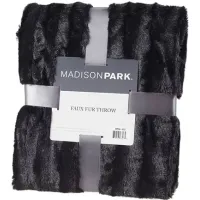 Olliix by Madison Park Duke Black 50x60" Polyester Solid Stripe Plaited Brushed Long Fur Knitted Throw