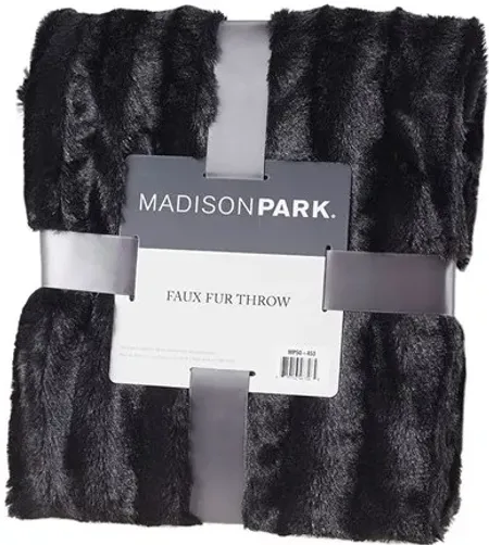 Olliix by Madison Park Duke Black 50x60" Polyester Solid Stripe Plaited Brushed Long Fur Knitted Throw