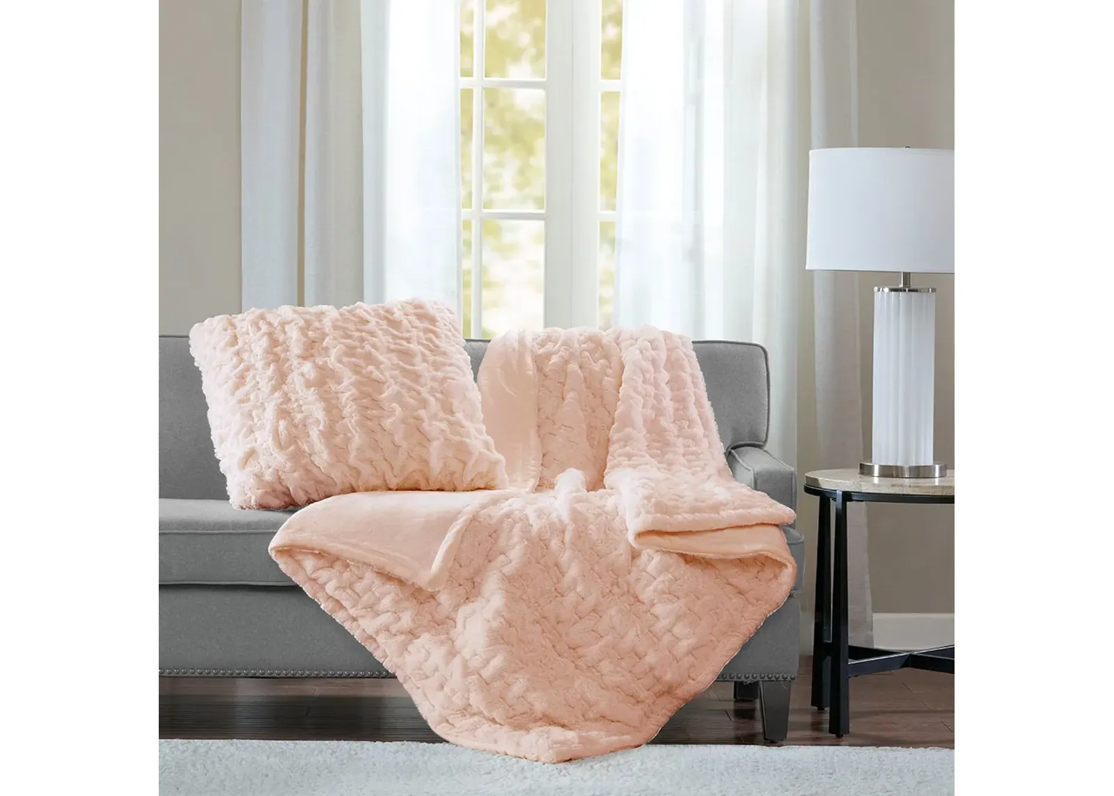 Olliix by Madison Park Blush Ruched Fur Throw