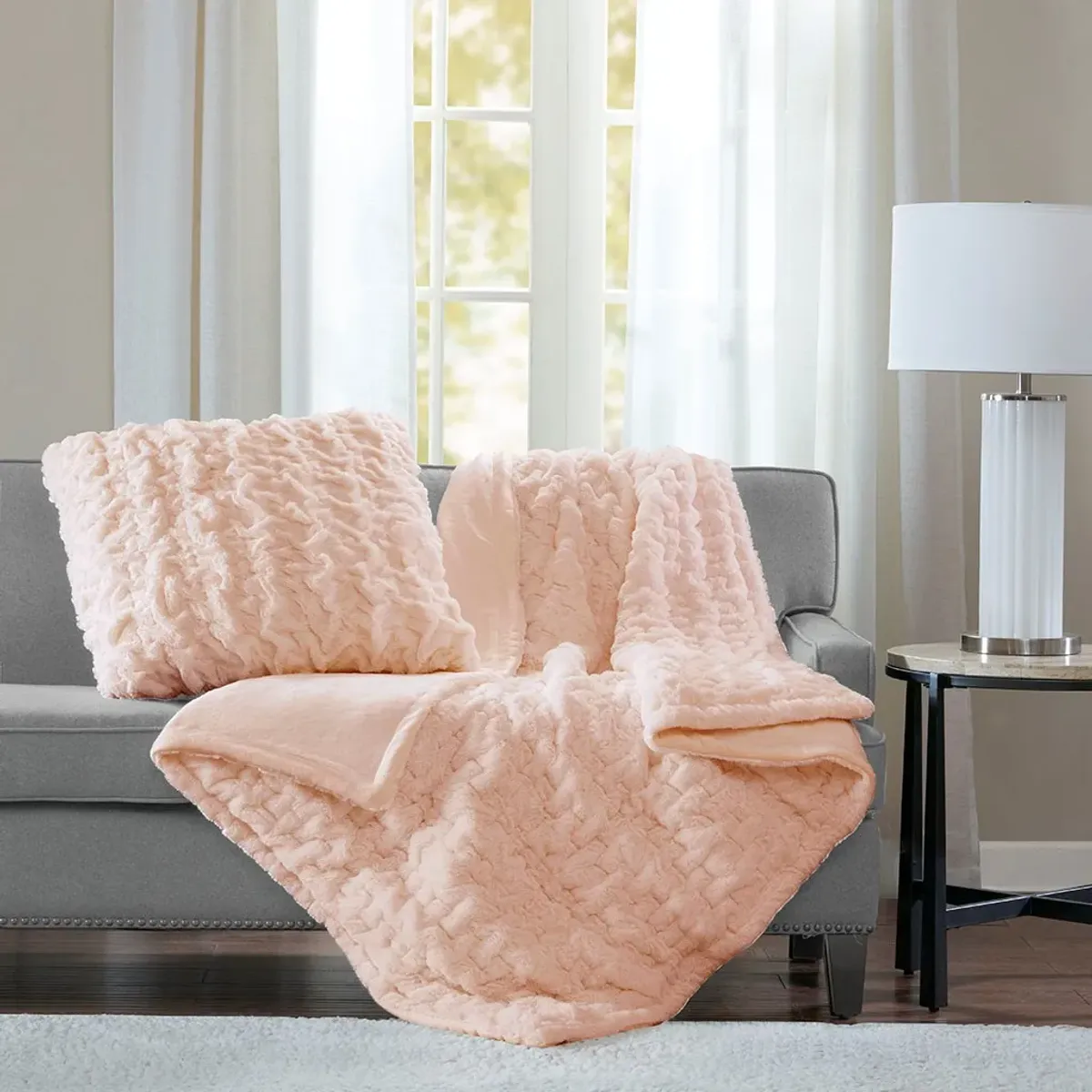 Olliix by Madison Park Blush Ruched Fur Throw