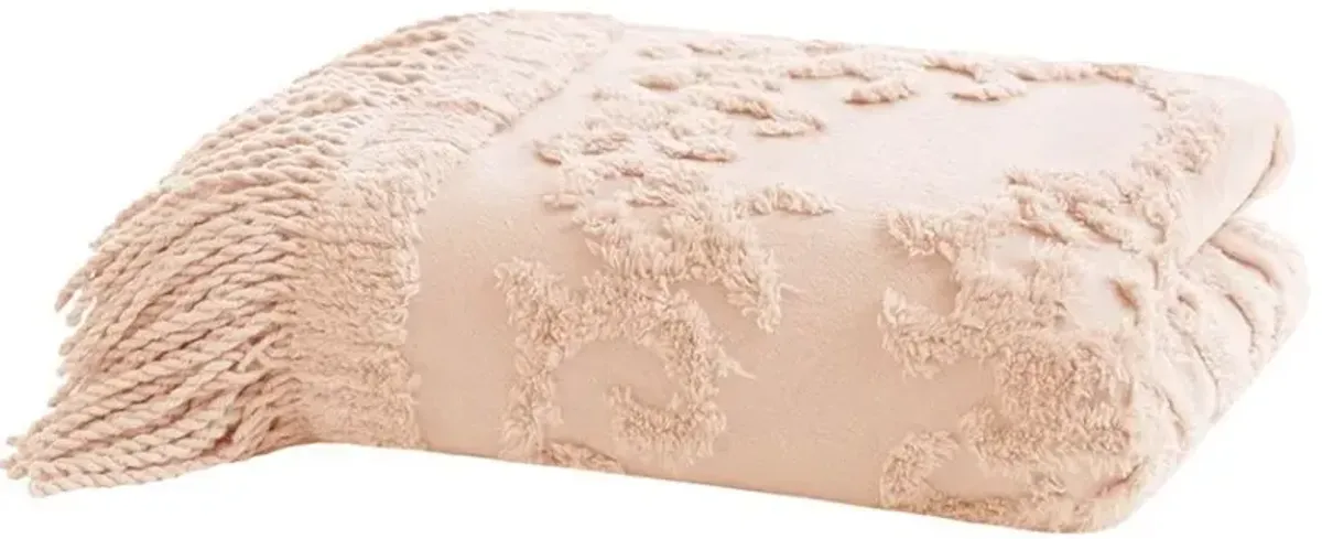 Olliix by Madison Park Chloe Blush 100% Cotton Tufted Chenille Lightweight Throw with Fringe Tassel